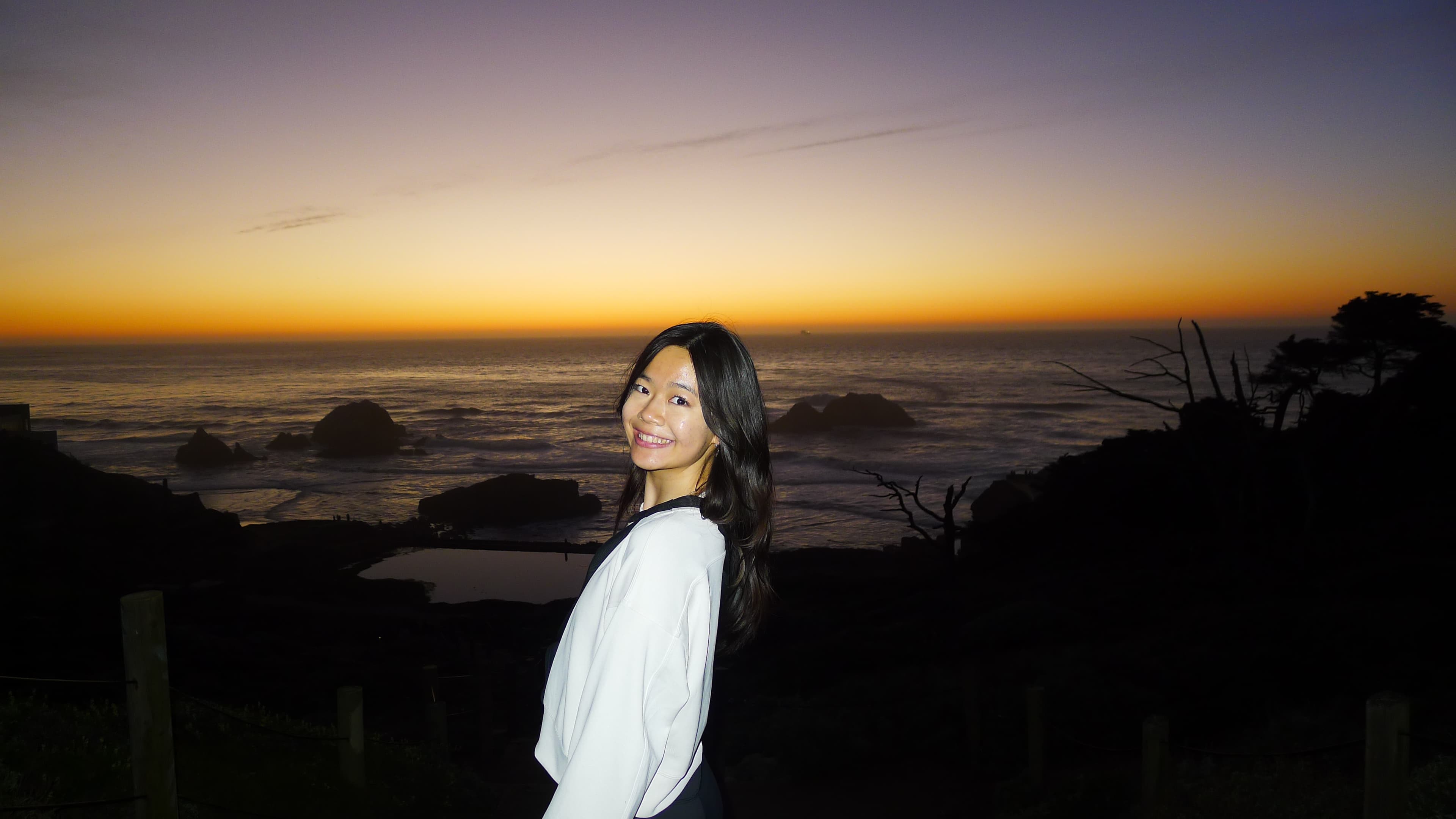 Doris at sunset on the coast, with the ocean and sea stacks behind her