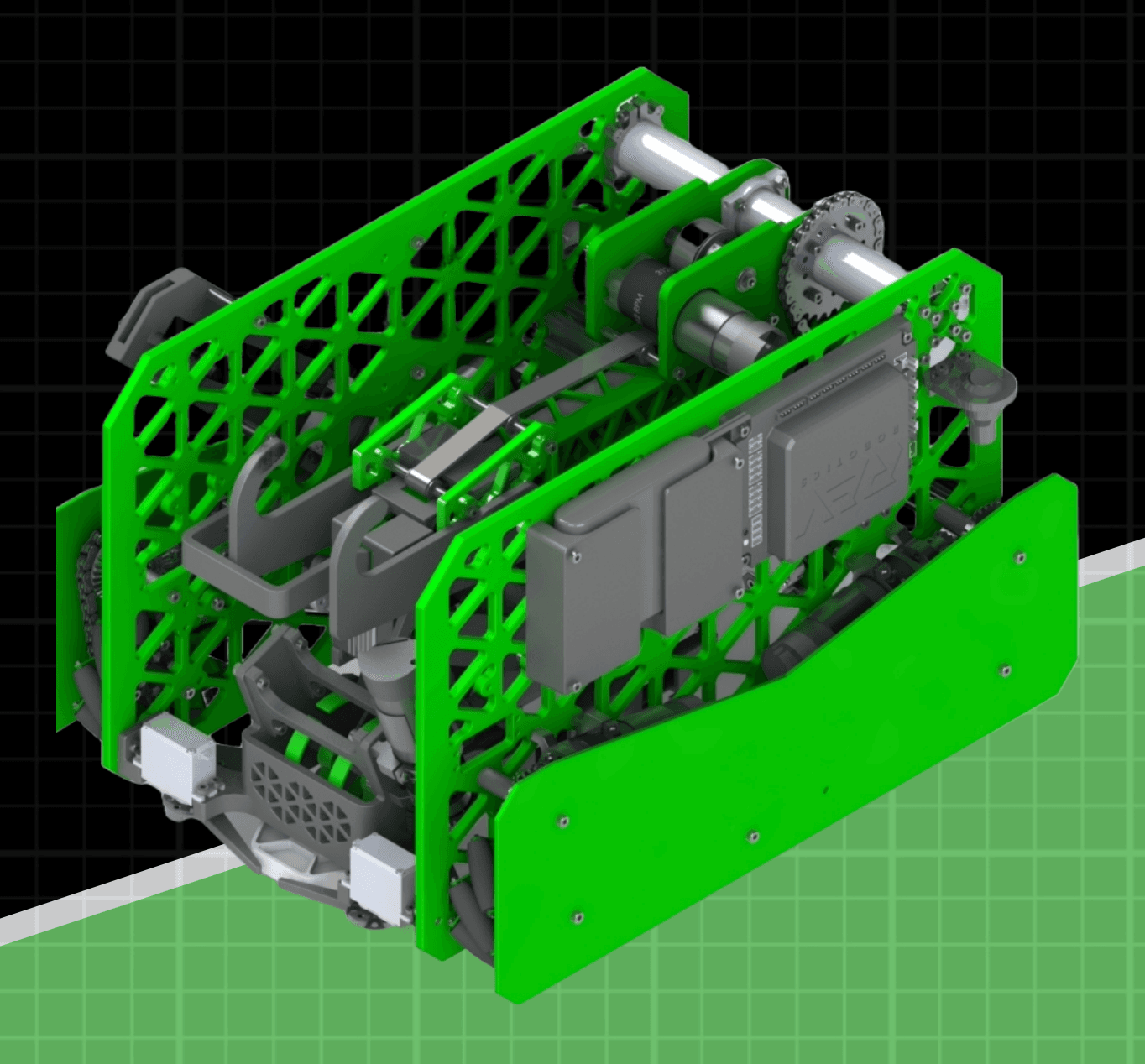 CAD render of a green competition robot chassis